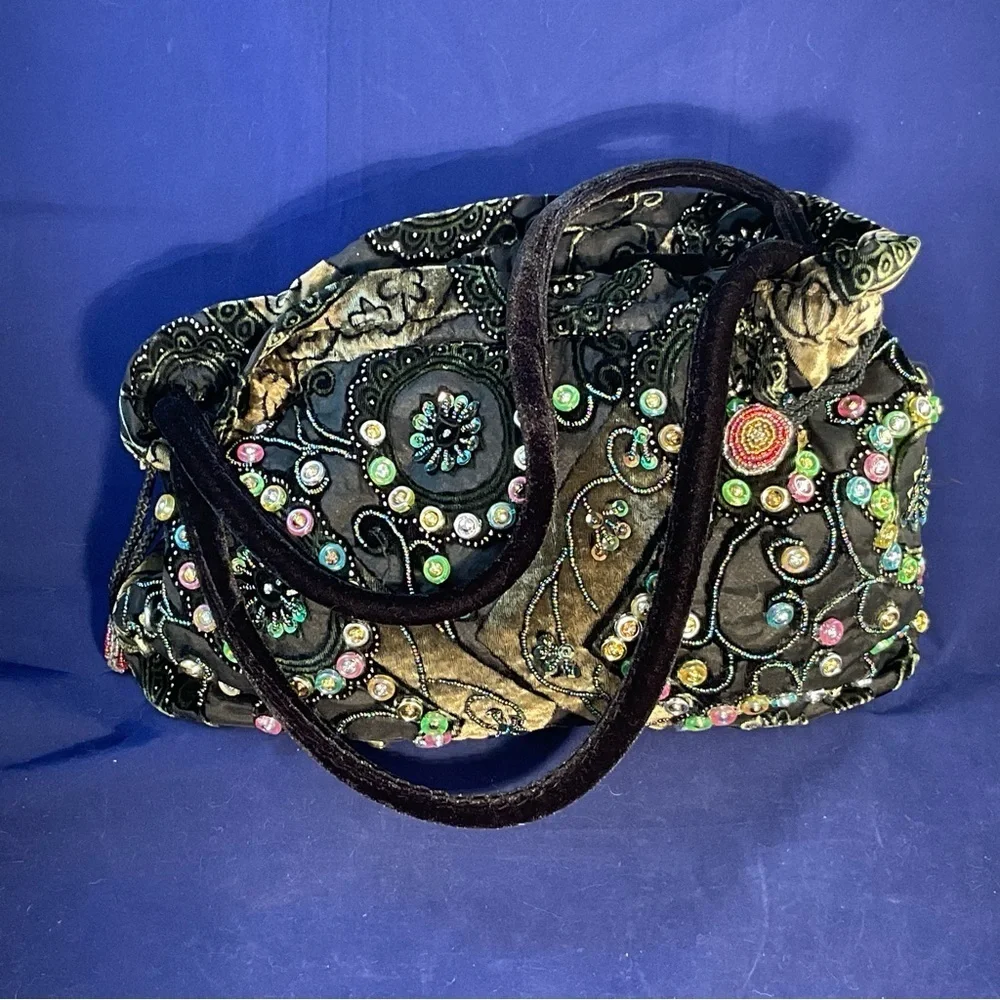 Rare Boho Vintage Beaded Velvet Evening Bag Embroidered Floral Jewel Purse
